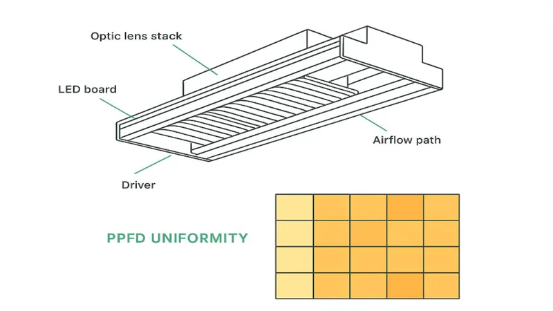 Uniform PPFD, optics, and thermal design