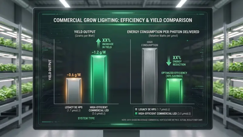commercial grow lighting efficiency and yield comparison