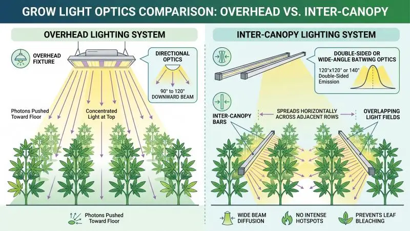 grow light optics comparison overhead vs inter-canopy